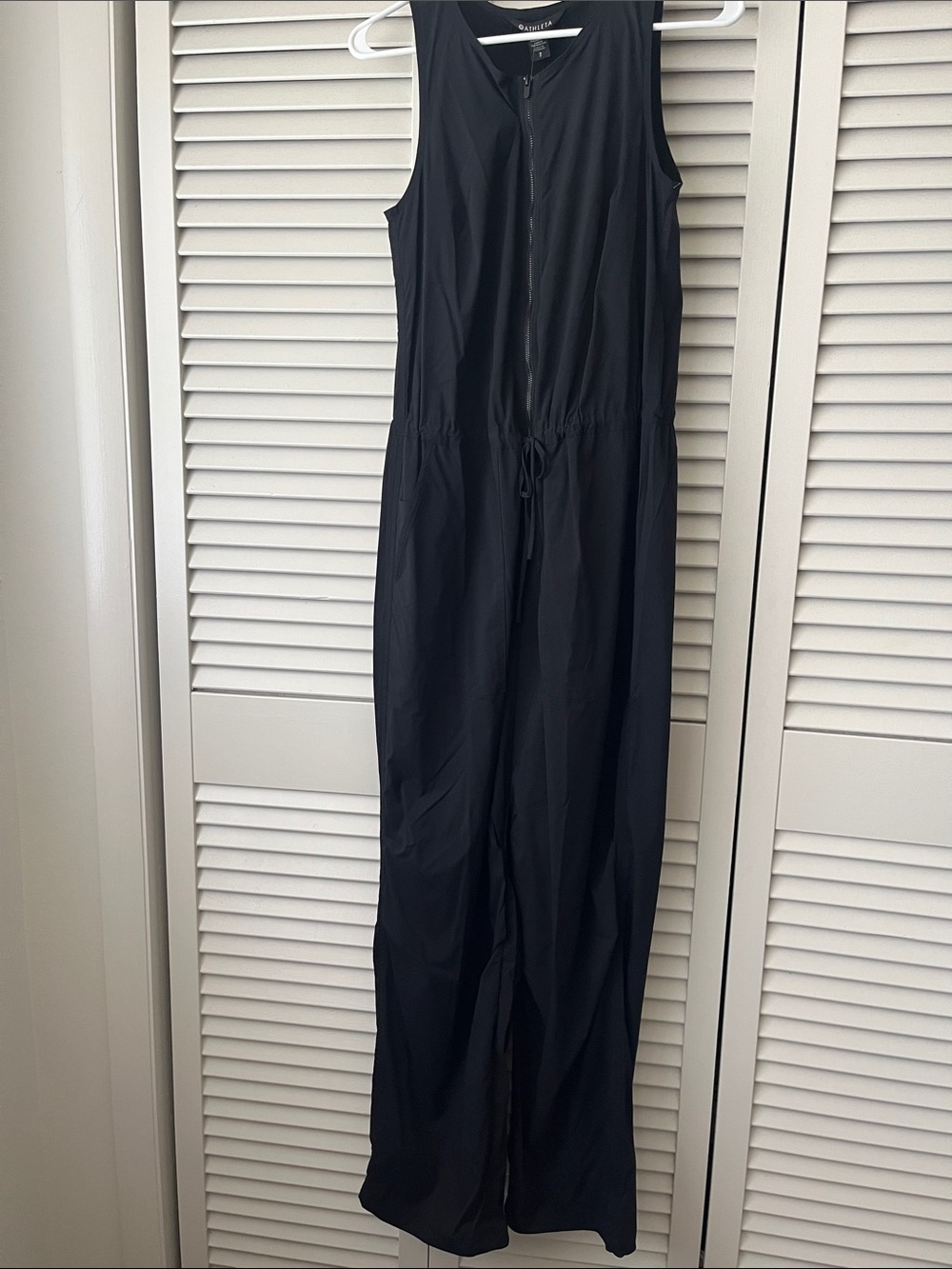 ATHLETA Flex Jumpuit Sleeveless Black Zip-Front Jumpsuit with Drawstring Waist